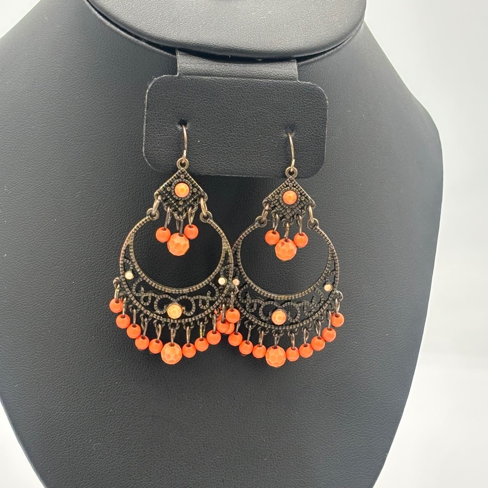 Chandelier Pierced Earrings Dangle Orange Boho Bronze Tone Beaded Drop